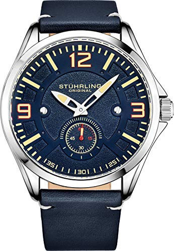 Stuhrling Original Aviator herrklocka – texturerad svart analog klockurtavla, undervisad urtavla, avslappnad sydd läderrem, 3934 herrklockor kollektion
