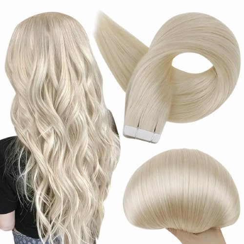 Full Shine Fashion Tape Hair Extensions Real Human Hair Couture Short 12 Inch Color 60 Platinum Blonde in Remy 20 Pcs 30G Thick Ends Piece Invisible Seamless Human Hair Extensions Tape in