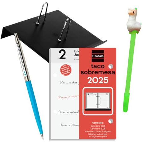 Lote de 1 Porta-calendarios (soporte) FAIBO y 1 bloc taco calendario FINOCAM sobremesa escritorio año 2026 + 1 Bolígrafo Inoxcrom B77 Cromado + Bolígrafo diseño