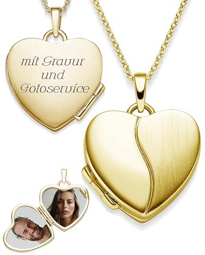 Medaillon zum Öffnen für Bilder Gelbgold Herz | personalisierte Kette Damen | Foto Amulett Anhänger zum Aufklappen | Halskette Herzkette mit Gravur