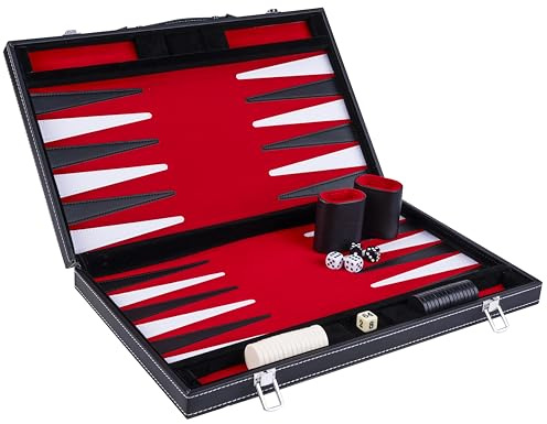 Engelhart – 250519 – Backgammon Deluxe 18” (45,5 cm) con Tavola Cucita – Valigetta Nera in Similpelle con Manico – Rosso, Nero, Bianco – Gioco Portatile per 2 Giocatori