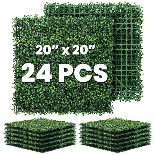 Ticanros Grass Wall Panel 24 Pack 20x20 Artificial Boxwood Hedge Plant Wall, Greenery Walls, Artificial Grass Backdrop, Privacy Hedge Screen Faux Boxwood for Outdoor,Indoor,Garden,Fence,Backyard