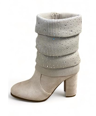 Pogolino Mujer Botines Tacón Elegante Brillo Hebilla Botas Otoño Invierno Tacones altos, 569 Beige, 38 EU