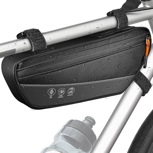 WOTOW Bike Frame Bag - 1.8L Waterproof Bicycle Top Tube Pouch with Side Pocket, Reflective Large Capacity Black Cycling Accessories for MTB, Road Mountain Bike Cycling Travel