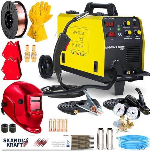 Magnum MIG MMA 170W - Máquina de Soldar con Gas 160A - Soldador Inverter Profesional con Chasis e Inductancia - Soldadura: MIG MAG, MMA, Flux - 2 Rodillos - Set Premium
