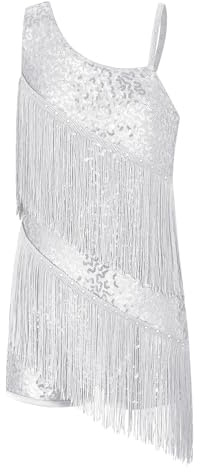 YEAHDOR Vestito Latino Americano Bambina con Paillettes Frange Body da Ginnastica Artistica Leotards da Balletto Ballerina Abito da Jazz Samba Rumba Dancewear Bianco 7-8 Anni