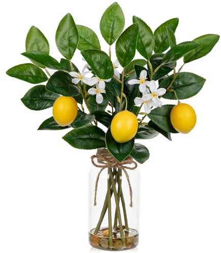 Oairse Faux Greenery Stems in Vase Aritificial Lemon Stems in Glass Vase with Faux Water Fake Lemons Branches Flower Arrangement Lemon Centerpieces for Home Kitchen Dinner Tables Decor