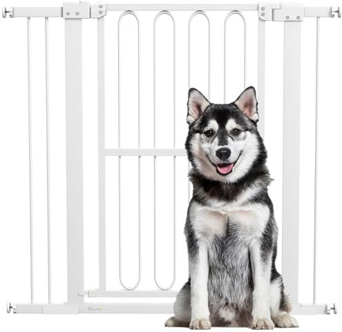 PawHut Treppenschutzgitter Türschutzgitter Absperrgitter ohne Bohren 76-104 cm Schutzgitter aus Stahl für Hunde, Haustiere Treppen, Tür, Weiß