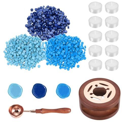PATIKIL 300 Piezas 10 Velas Kit De Sellos De Cera 3 Tonos Azules | Calentador De Madera, Cuentas Para Sellado De Cera, Cuchara Para Derretir, Para Manualidades DIY De Sobres Y Cartas
