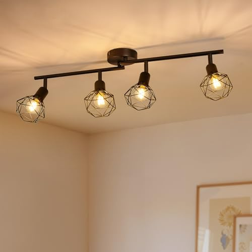 Gr4tec Spot Lights Ceiling 4 Way, Retro Kitchen Lights Ceiling E14, Black Ceiling Light Fittings, Adjustable Wire Cage Spotlights Bar for Hallway Bedroom Living Room, Bulb Not Included