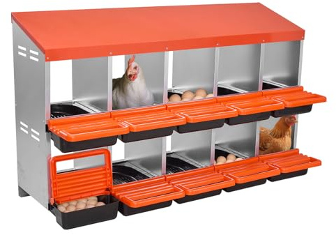 VEVOR Pondoir à Poules, 10 Compartiments, Nichoir en Métal 2 Niveaux, avec Plateau Incliné, Couvercles de Protection, Espace de Ponte Spacieux, pour Différentes Races de Poules, Canards, Volailles