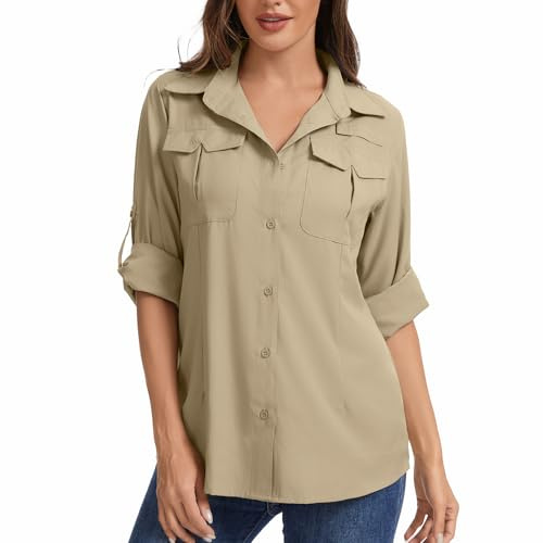 Women's Safari Shirt, UPF 50 UV Protection Clothing, Quick Dry Long Sleeve Blouse for Safari, Hiking, Walking, Fishing, Outdoor Travel Outfit (Khaki-M)