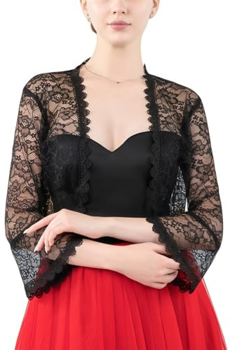 RuiChy Floral Bolero de Encaje para Mujer Bordado Floral Manga 3/4 Boleto Shrug para Vestido de Noche, Transparente Corto Cárdigan Casual Chal para Boda Fiesta Uso Diario Abrigo Corto (Negro)