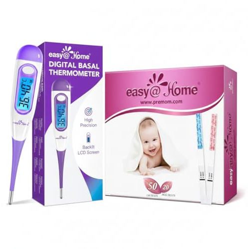Easy@Home Kit: 50 strisce per test di ovulazione, 20 test di gravidanza e termometro basale digitale. Precisione di 1/100°C, retroilluminazione e sincronizzazione con l'app Premom per una pianificazio