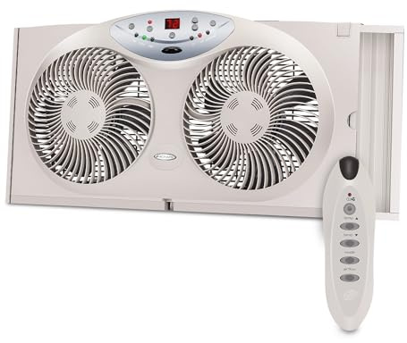Bionaire Window Fan with Reversible Airflow Blades – 3-Speed Settings, Programmable Thermostat, LED Display, Remote Control, Fits 24–36 Windows, No Assembly Required