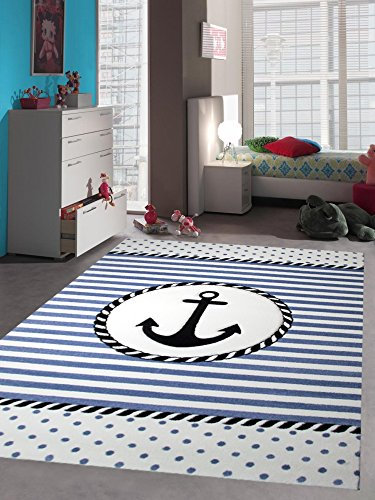 CARPETIA Teppich Kinderzimmer Babyzimmer Jungen Anker maritim blau crème schwarz Größe 200 x 290 cm