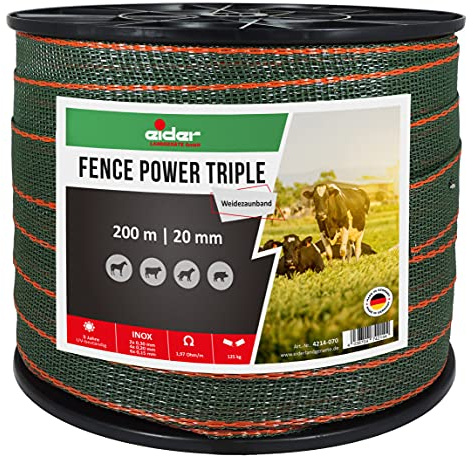 Betesstaketband Fence Power Tripple, 20 mm, grön/orange – 200 m – för medellångt till långa staket, hästar och ponnyväxter – 2,12 ohm/m elektriskt motstånd – Tillverkad i Tyskland