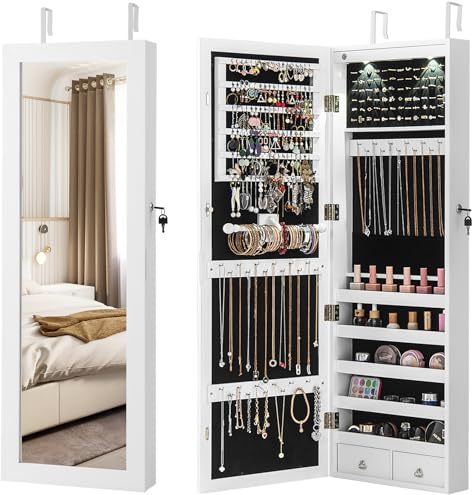 COSTWAY Armadio per Gioielli con 2 luci LED, con Specchio a Figura, Organizer Montato al Muro con Ganci Regolabili per Appendere, Armadio Portagioie per Truccarsi (Bianco)