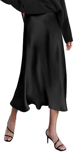 Zeagoo Dam satinkjol, lång hög midja, kjol, elegant, siden, midikjol, höst, vinter, midi, affärskjol med dragkedja, XS-XXL, svart, XL