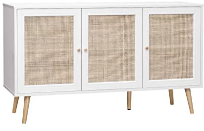 Alice's Home Sideboard aus Rohrgeflecht, weiß 120x39x70cm - Bohème - 2 Ebenen, 3 Türen, skandinavischer Stil