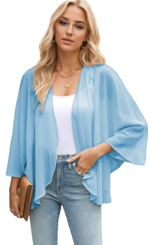 Famulily Elegant Kimono Cardigans for Women Ladies Open Front Cardigan Shawl Loose Casual Blouse (XL,Blue)