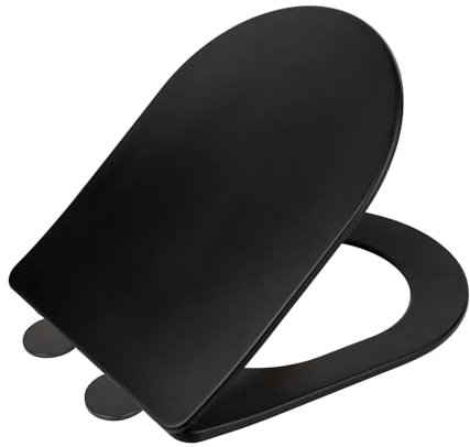 Asiento de inodoro Galati, asiento de inodoro plano en forma de D con mecanismo de cierre suave, de duroplast, fijación Fix-Clip, negro mate