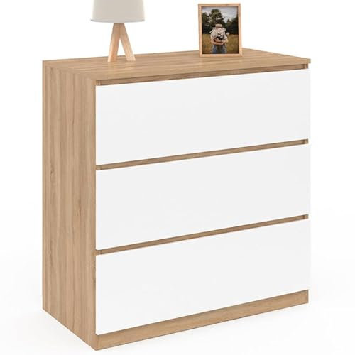 IDMarket - Commode 3 tiroirs TOMI 78 cm façon hêtre et Blanc