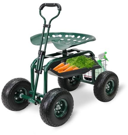 BESTHLS Garden Cart with Seat on Wheels Rolling Garden Stool with Wheels Heavy Duty Gardening Stool for Planting with 360 Degree Swivel Seat Steering Handle & Utility Tool Tray