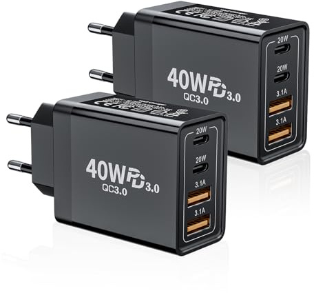 2-Pack USB C-Laddare, 40W 4-Ports Multiladdare med USB-C och USB-A, Snabbladdare Strömförsörjning PD 3.0 Strömadapterkontakt för Phone 16/15/14/13/12/11/Pro Max/XS/XR/8/7/iPad/Samsung/Surfplatta