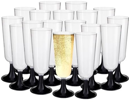 HOMESHOPA 18 Pack Plastic Champagne Flutes, Clear Wine Glasses Black Base, Unbreakable Reusable Cocktail Prosecco Glasses for Weddings Birthdays Christmas BBQ & Garden Parties