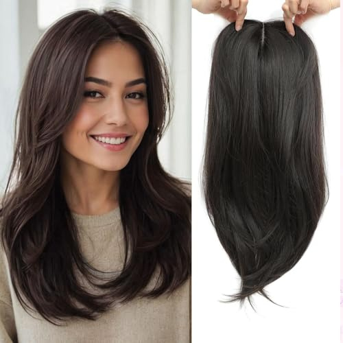 Peonymebeauty Hair Toppers, 6.5X6.5 Big Base Topper for Hair Loss Long Layered 18 Inch Synthetic Fiber Wiglets Ladies Hairpieces for Women(Dark Brown)