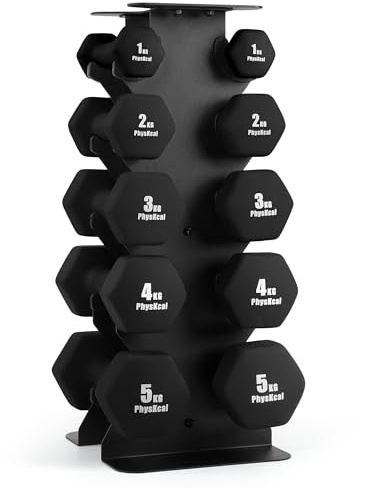 PhysKcal 30kg All Black Dumbbells Set of 5 Pairs with Storage Rack