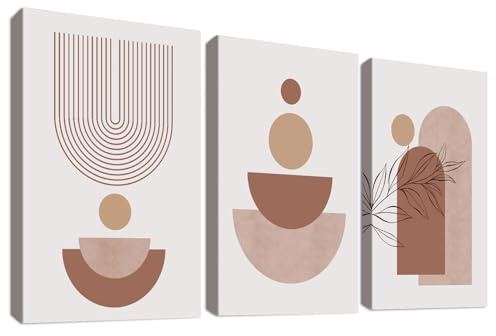 3 Pcs Wooden Framed Canvas Wall Art Canvas Prints Beige Brown Minimalistic Painting Boho Abstract Geometric Lines Pictures for Living Room Bedroom Bathroom Home Wall Decoration 40x60 cm x3pcs