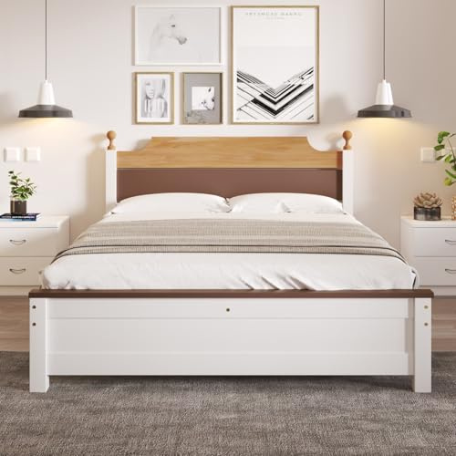 KOMHTOM Lit en Bois Moderne 140x200 cm avec Sommier à Lattes, Cadre de Lit Plate-Forme en Bois de Luxe avec tête de lit, Design Bicolore Rustique (140x200cm)