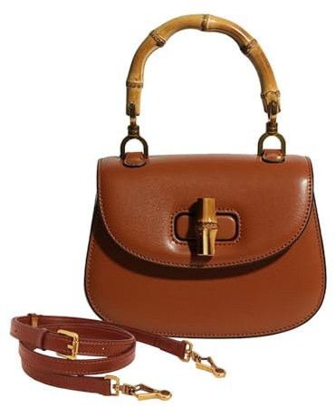 Women Genuine Leather Tote Handbags，Bamboo Top Handle Satchel Crossbody Bag with Adjustable Shoulder Strap，Handmade Shoulder Bags for Gift(Brown)