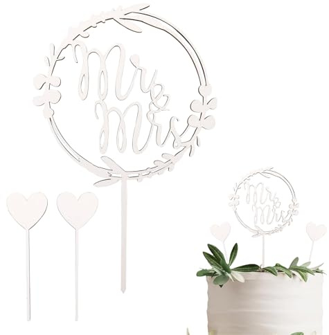 ZHITENG 3 Pièces Décoration de Gâteau en Bois Mr et Mrs, Cake Topper Mariage Réutilisable Decoration Gateau Mariage en Forme de Cœur, Deco pour Anniversaire Fête Fiançailles (Blanc)