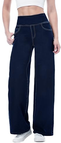 Chasehot Jean Femme,Taille Haute Coupe Droite Straight Jeans,Mode Baggy Jambes Jean,Large Pantalon Taille Elastique avec 4 Poches,Bleu-XXL-31