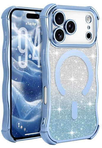 Wirvyuer for iPhone 17 Pro Max Curly Wave Frame Magnetic Case, Compatible with Magsafe with Removable Glitter Sparkly Card Cover, Clear Shockproof Anti-scratch Phone Case for Women Girls, Blue