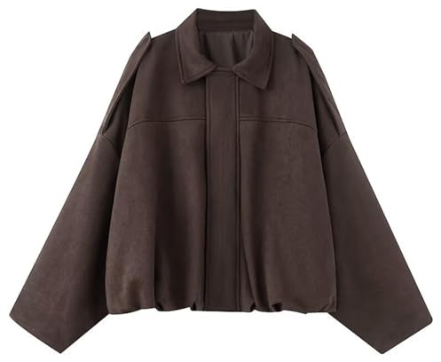 Chaqueta bomber de ante marrón para mujer, chaqueta bomber de gamuza sintética de gran tamaño, manga larga, con cremallera, chaqueta de cuero, casual, recortada, abrigo de piloto para otoño e invierno
