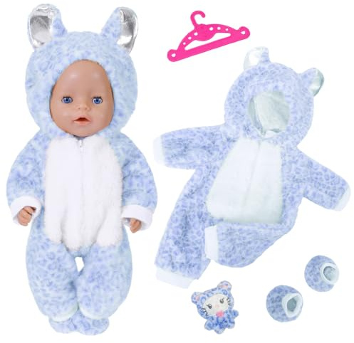 Puppenkleidung für Baby Puppen 35-43 cm, 4 Stuck Puppenkleidung Outfit, 1 Katzenbody, 1 Paar Socken, 1 Katzenpuppe, 1 Kleiderbügel, Puppenkleidungsset für Kinder Mädchen und Jungen (Blau)