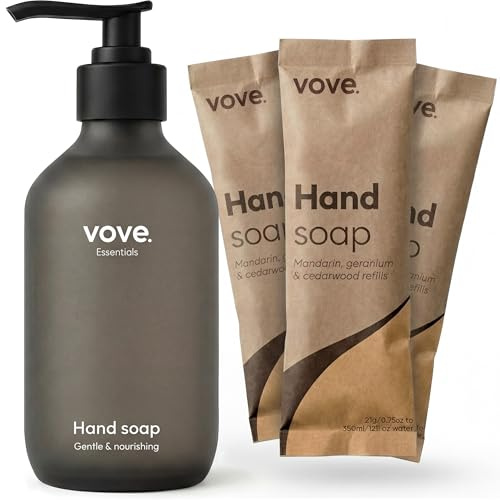 Vove Hand Wash Starter Set with Refillable Dark Glass Pump Bottle & 3 Refills, Mandarin Geranium & Cedarwood, Powder-to-Gel with Aloe Vera & Cactus Extract, Plant-Based Formula, Plastic-Free