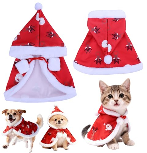 ONGNIUU Capitano di Natale per animali domestici – Mantello per animali domestici regolabile – Costume da Babbo Natale morbido per cani e gatti di piccola taglia – Cappotto con cappuccio e pompon
