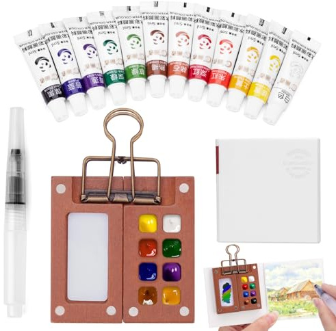 Mini Watercolour Paint Set Travel, Pocket Watercolour Set, 12 Colors Mini Paint With 8 Grids Wooden Palette, Includes Sketchbook,Watercolor Pens,and Metal Clips, Suitable for Painting Enthusiasts