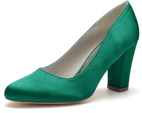 HFWXYSA Scarpe da Sposa con Tacco Largo da Donna Punta Tonda Décolleté in Raso Slip on Scarpe da Matrimonio Sera,Verde,41 EU