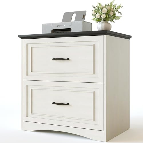 FEZIBO Farmhouse File Cabinet, 30 Lateral Filing Cabinet with 2 Drawers and Hanging Rods, Storage Wood Cabinet for Home Office, Living Room, Bedroom, Antique White