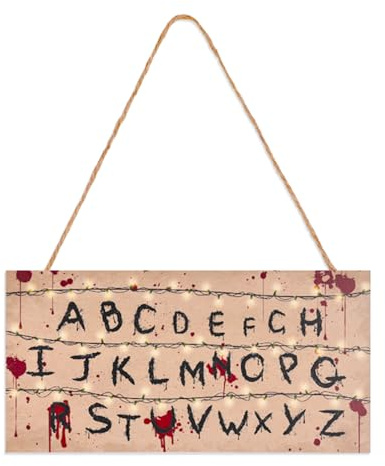 Csoisoy Letrero Colgante Madera Alfabeto Vintage, Letras Retro & Luces Cuerda Amarilla Estilo Horror Placa Arte Pared Señal Puerta Madera para Decoración Habitación Fiesta Halloween