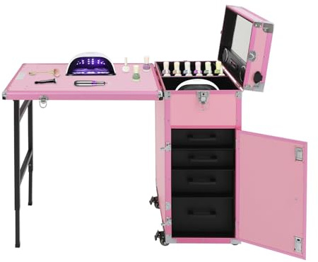 ClearFragrans Mesa de manicura, mesa de manicura, mesa enrollable con espejo y altavoz Bluetooth, maletín plegable para tren de maquillaje, 4 cajones, capacidad de carga de 50 kg, para casa, salón, 57