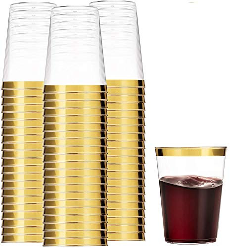 Munfix Gold Plastic Cups - 16 Oz Clear Tumblers with Gold Rim - Elegant Disposable Wedding & Party Cups