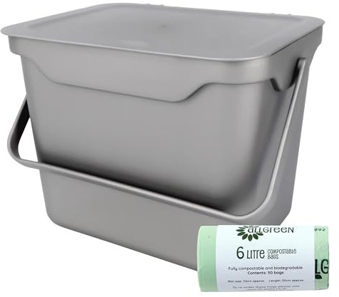 Easy Eco 5L Silver Kitchen Compost Caddy/Food Bin & 50x 6L Compostable Bags