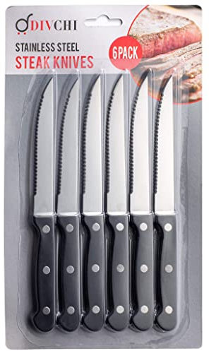 DIVCHI Steak Knives Set of 6 - Steak Knife Set - Serrated Steak Knives Dishwasher Safe Steak Knives Stainless Steak Knives Serrated - Dinner Knives